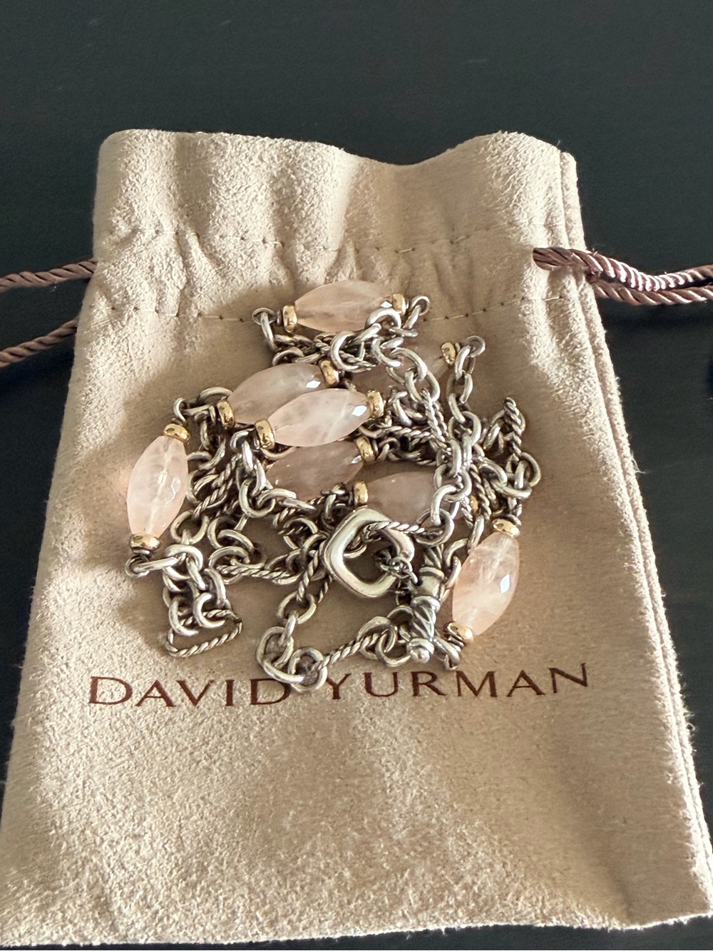 David Yurman Bijoux Station Necklace Rose Quartz Sterling 18K Gold 34"